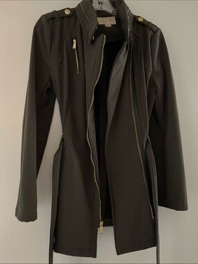 COPY MK Dark Olive Micro Fur Lined Coat Rain Resistant Stretch Hood Belt S